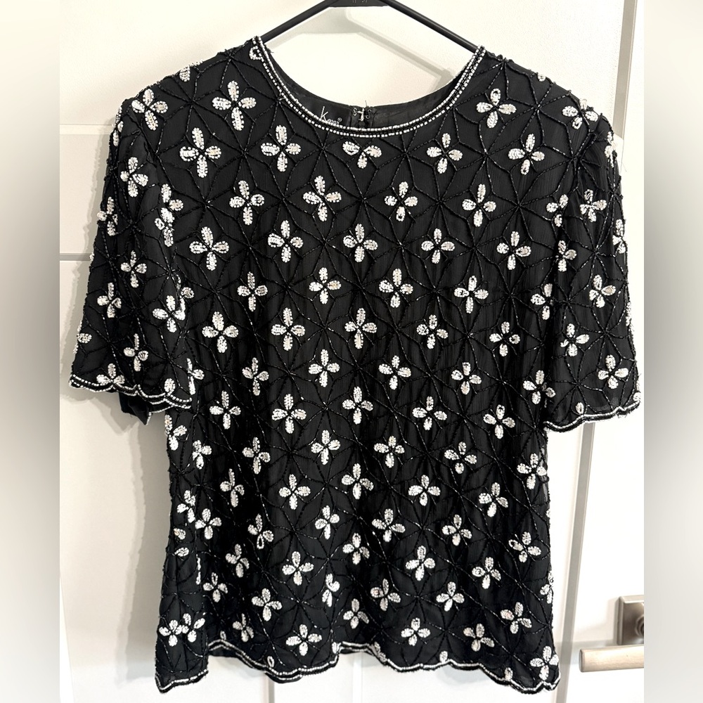 Laurence Kazar Black Beaded Floral Mesh Top